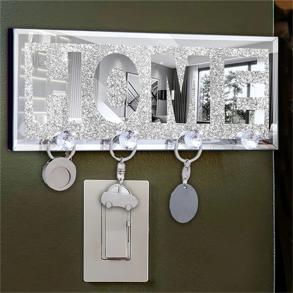 Crushed Diamond Mirrored Wall Mounted Key Hooks Storage Holder HOME Letter Sign Home Decor - Image 4