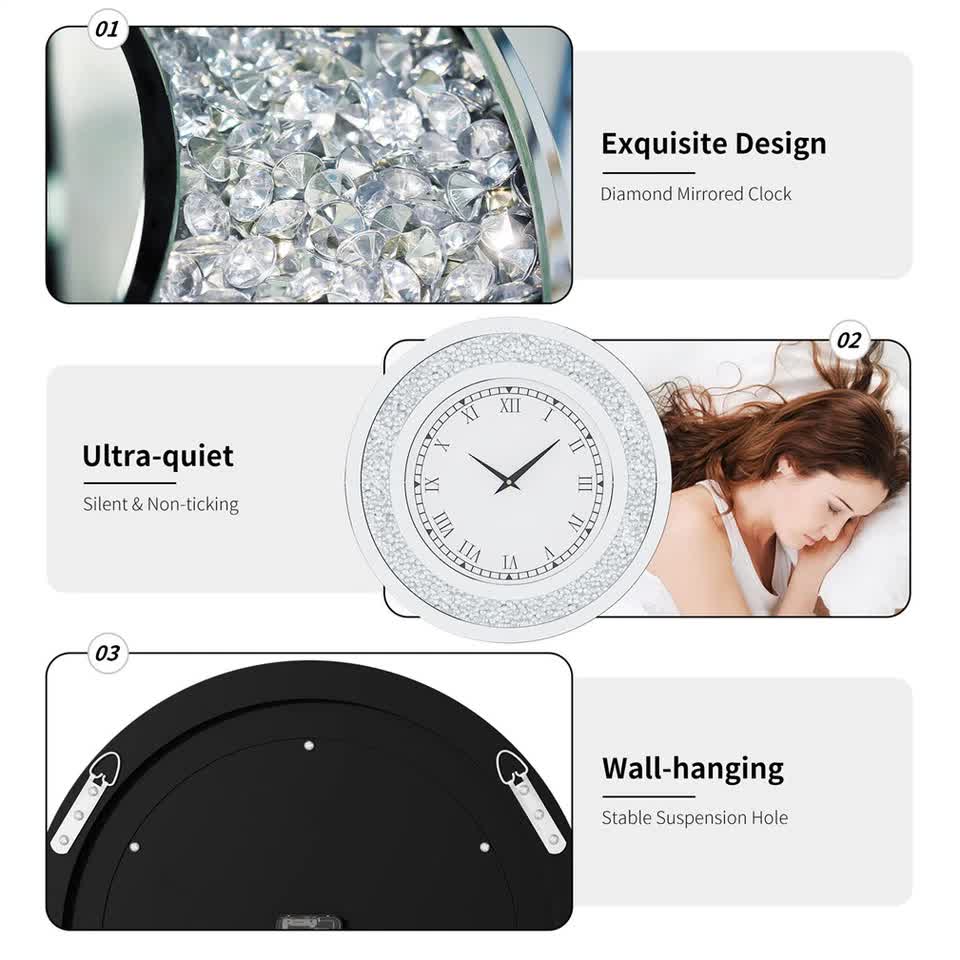 P&P Silver Crushed Diamond Square Wall Clock Luxury Decorative 60x60cm - Image 5