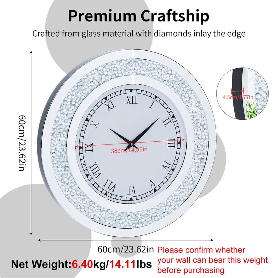 P&P Silver Crushed Diamond Square Wall Clock Luxury Decorative 60x60cm - Image 6