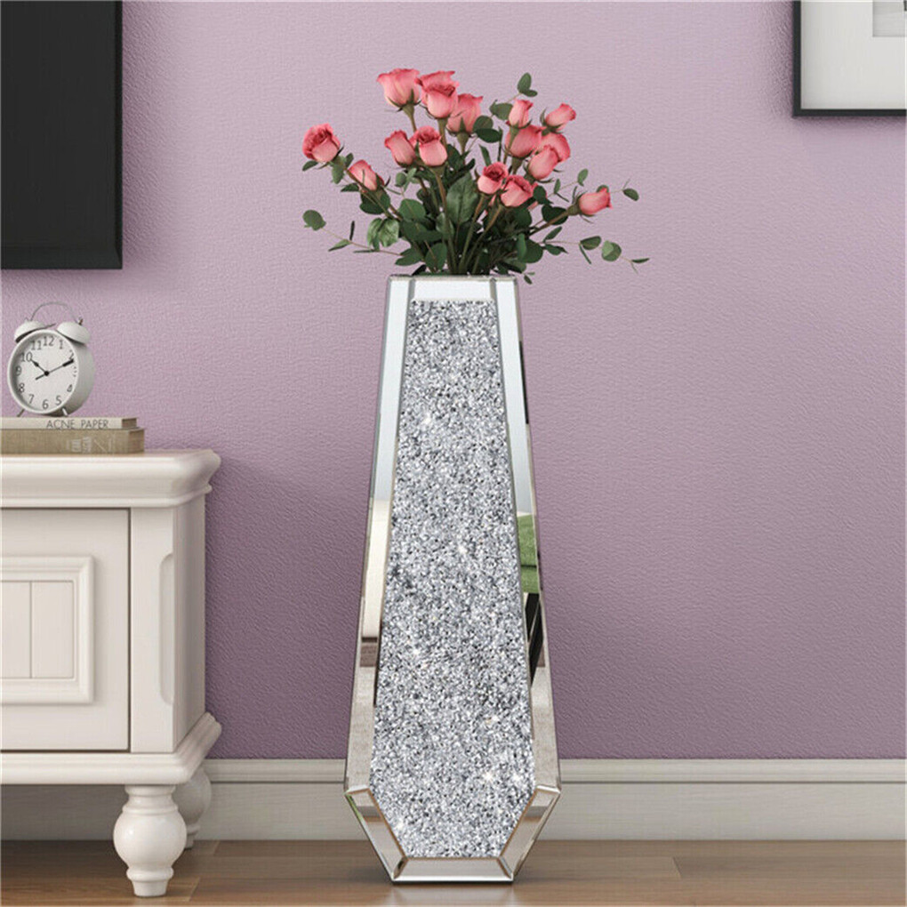 Silver Mirrored Floor Vase Luxury Diamond Flower Vase Living Room Home Office - Image 2