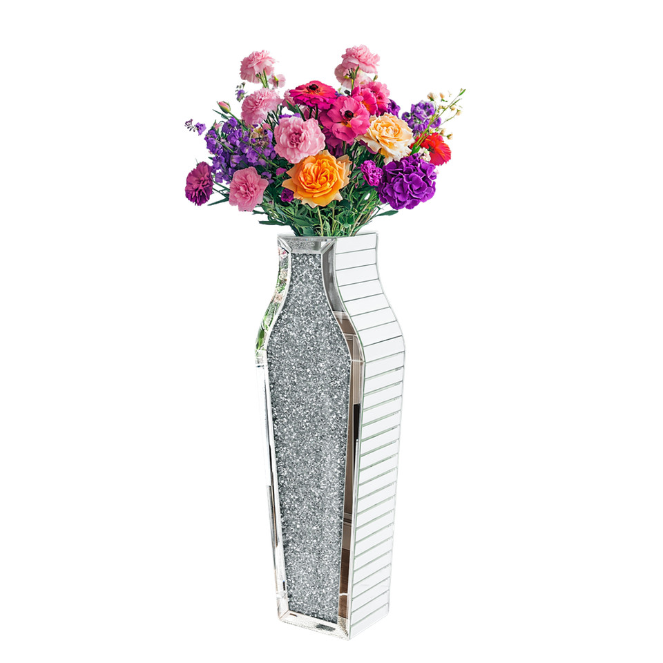 Sparkling Crushed Diamond Mirrored Floor Vase Tall Silver Glass Fake Flower Vase - Image 1