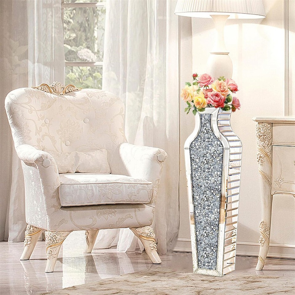 Sparkling Crushed Diamond Mirrored Floor Vase Tall Silver Glass Fake Flower Vase - Image 4