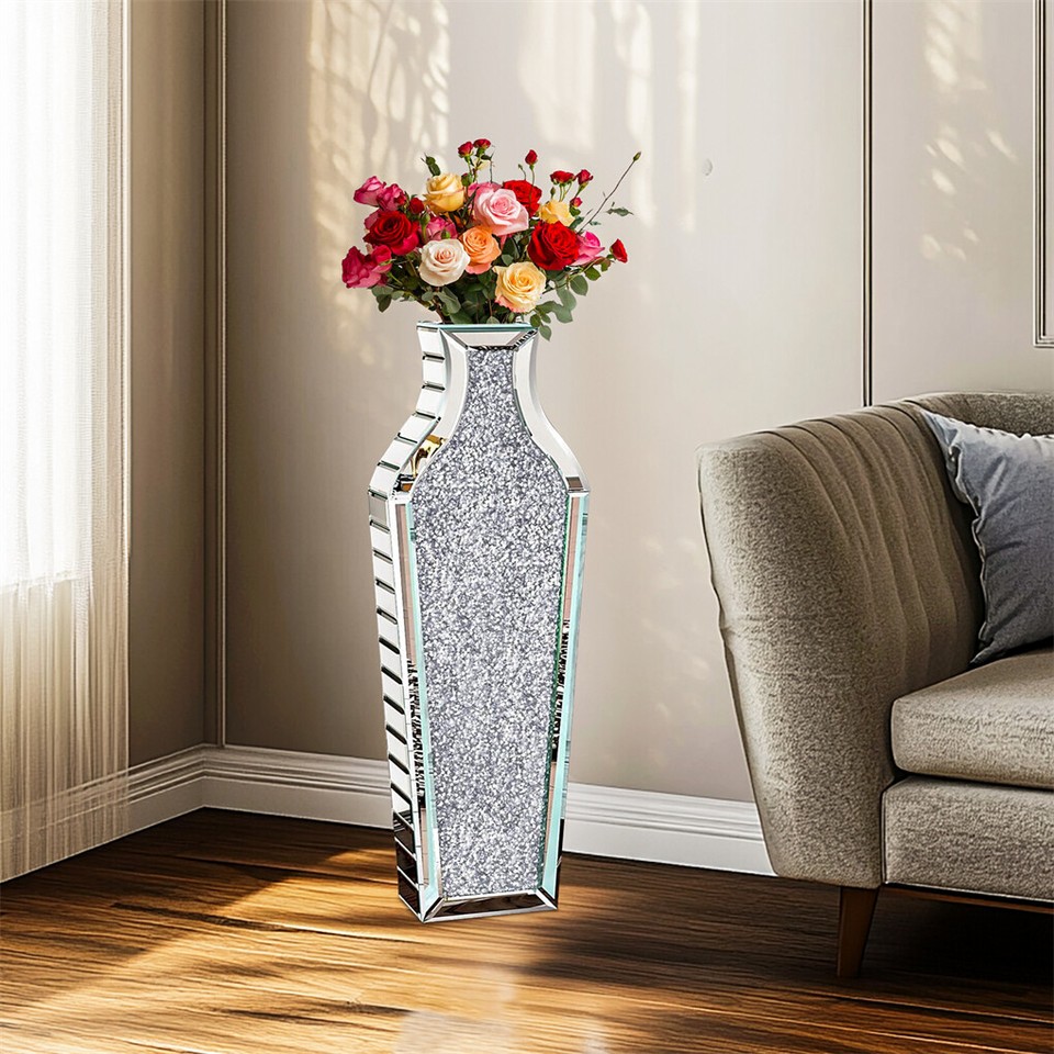 Sparkling Crushed Diamond Mirrored Floor Vase Tall Silver Glass Fake Flower Vase - Image 5