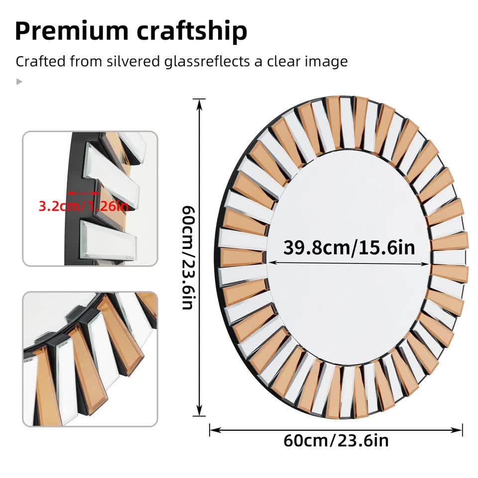 P&P Silver and Tawny Round Sunburst Mirror with Beveled Glass, Decorative Wall Accent - Image 7