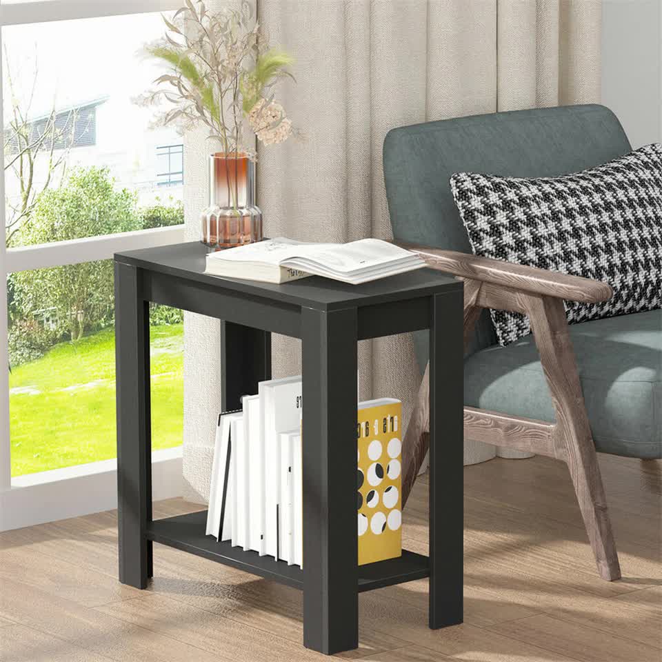 Rustic 2 Tier Side Table Open Accent Table Bedside Storage Slim Coffee End Table - Image 4