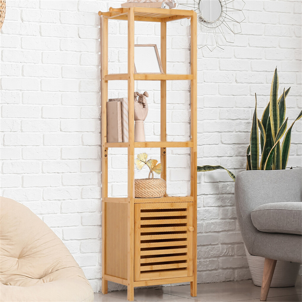 Large Bathroom Floor Cabinet Bamboo Storage Cupboard Living Room w/ Hook & Shelf - Image 1