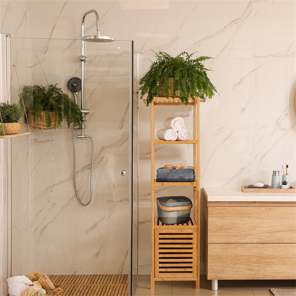 Large Bathroom Floor Cabinet Bamboo Storage Cupboard Living Room w/ Hook & Shelf - Image 5