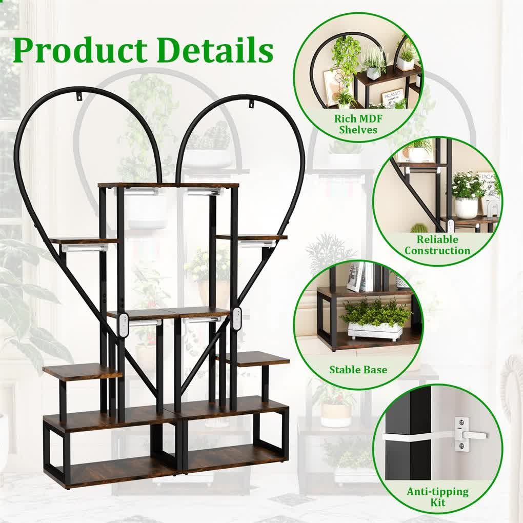 P&P Black & Brown Heart-Shaped Plant Stand with USB Grow Lights for Indoor Plant Display - Image 4