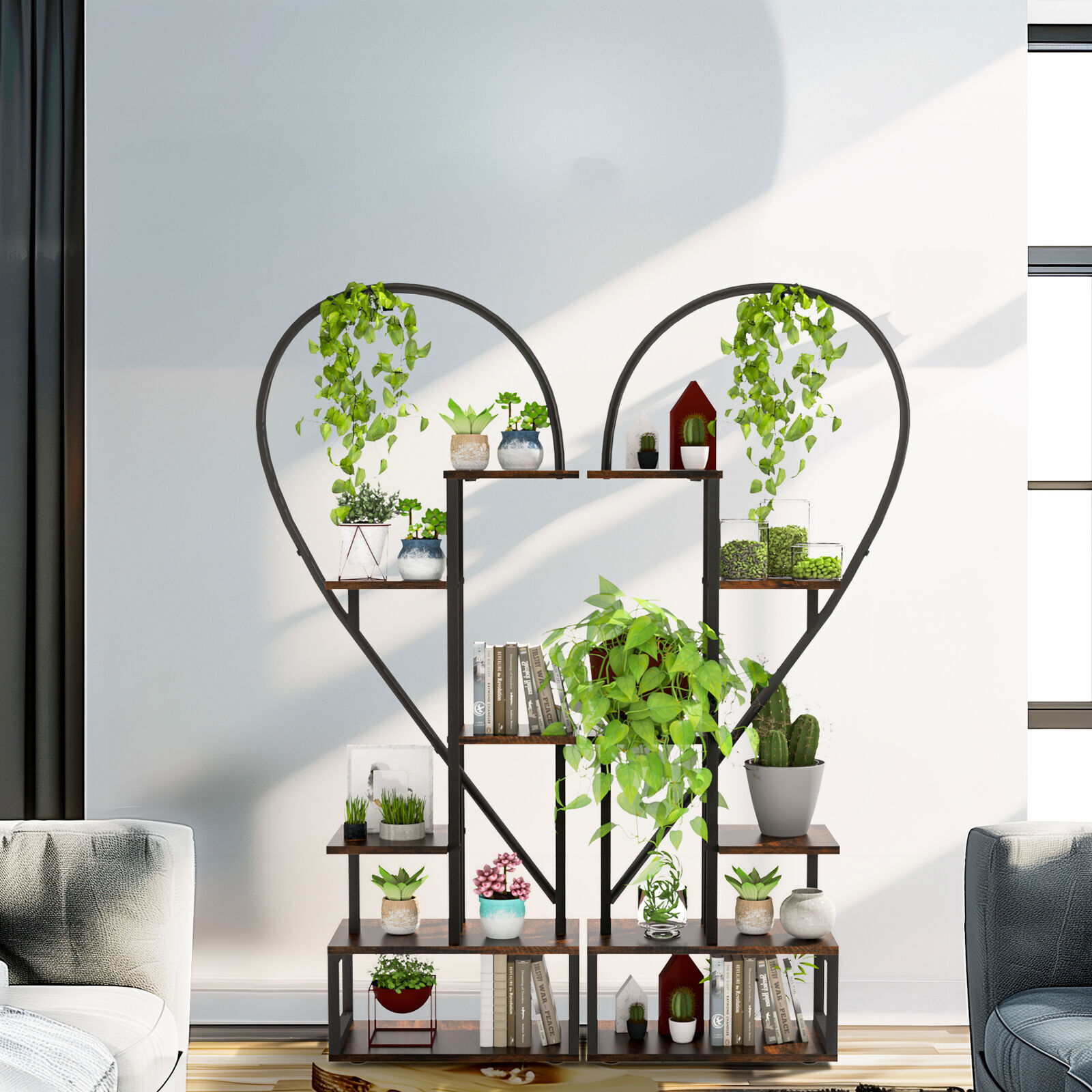 Fin Merge/Separate Metal Plant Stand Heart Shape Ladder Book Shelf For Indoor Garden - Image 6