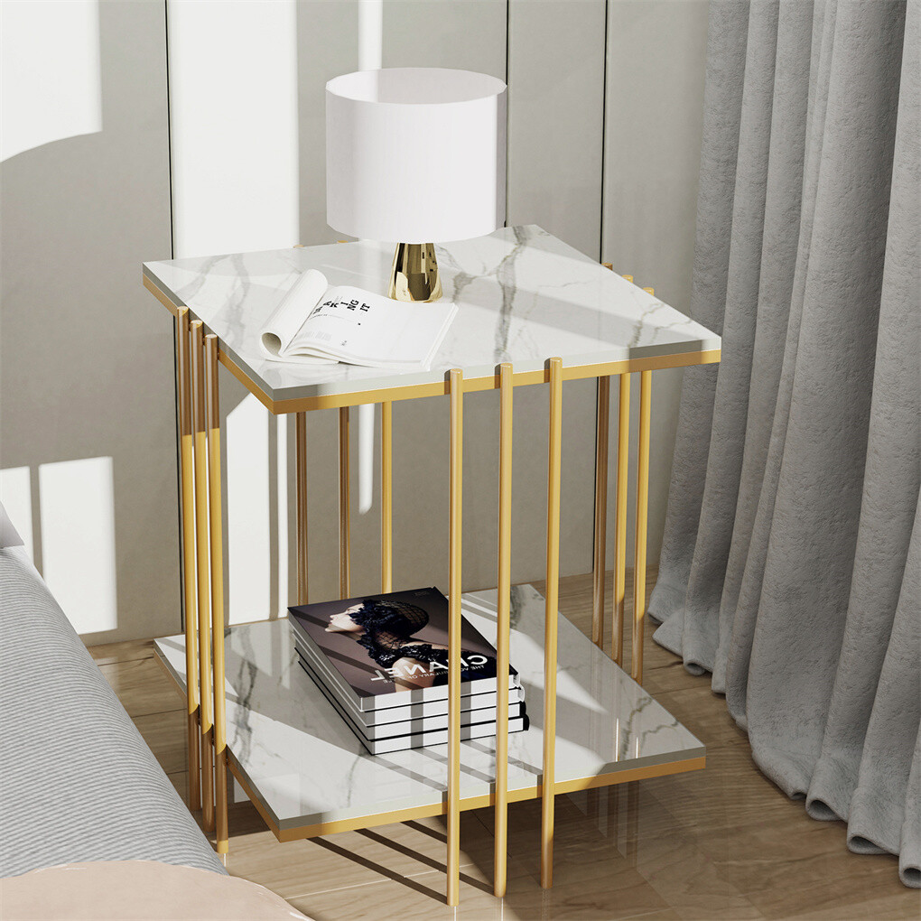 2 Tier End Table Bedside Tables Sintered Stone Nightstand Display Storage Shelf - Image 4
