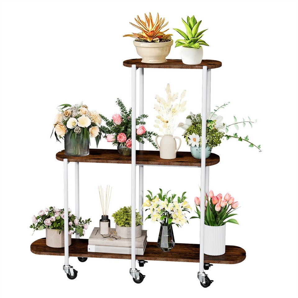 FIN Vintage Plant Holder 3 Tiers Storage Shelf Unit with Lockable Casters Garden - Image 1