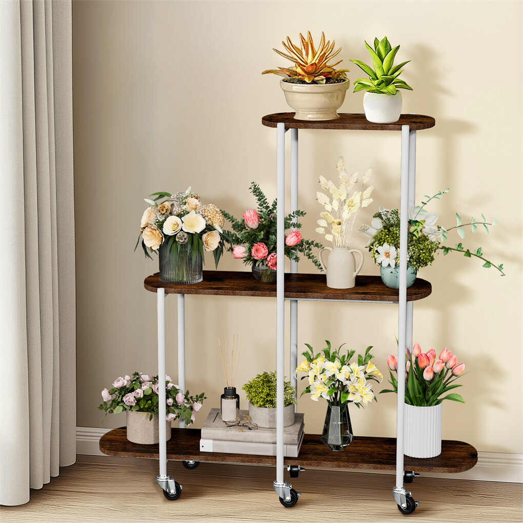 FIN Vintage Plant Holder 3 Tiers Storage Shelf Unit with Lockable Casters Garden - Image 2