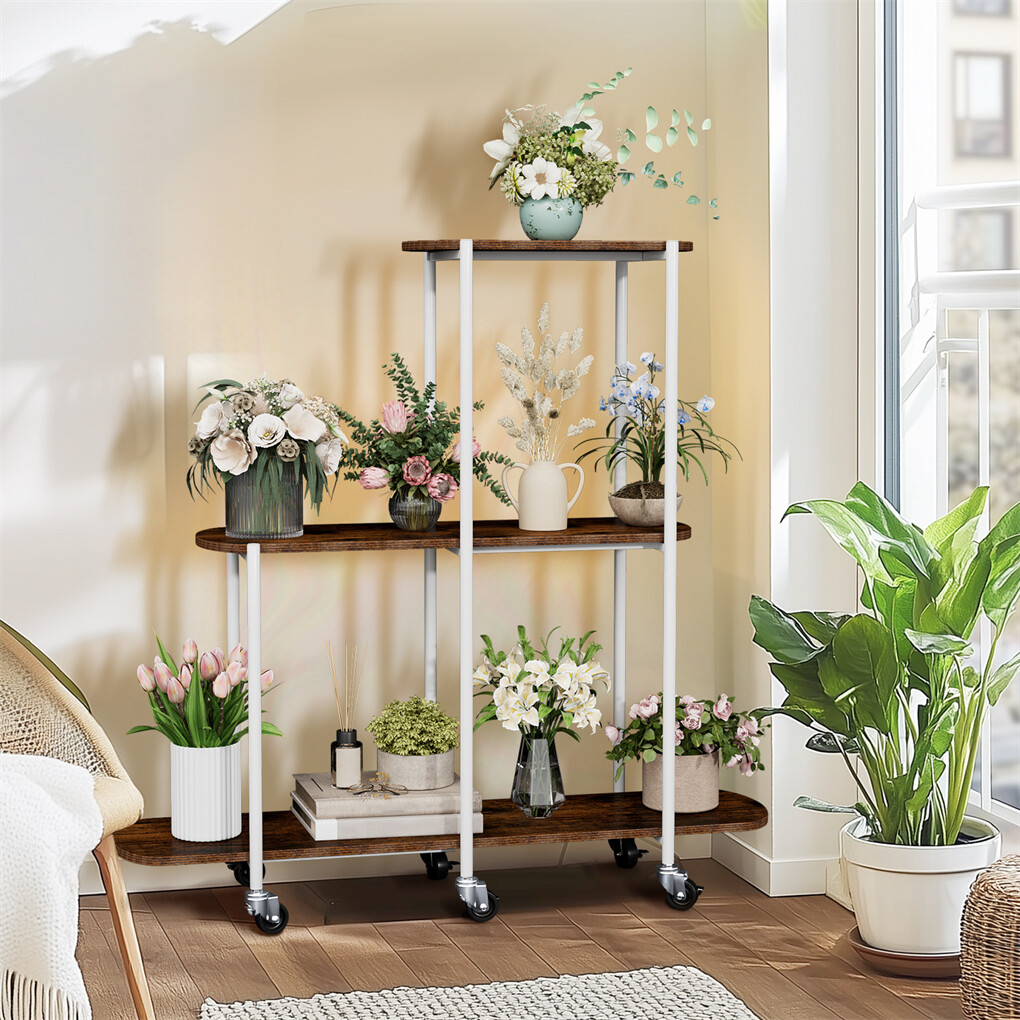 FIN Vintage Plant Holder 3 Tiers Storage Shelf Unit with Lockable Casters Garden - Image 3