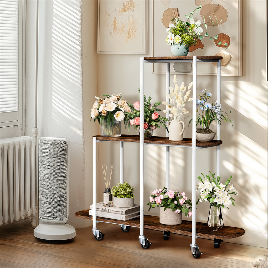 FIN Vintage Plant Holder 3 Tiers Storage Shelf Unit with Lockable Casters Garden - Image 5