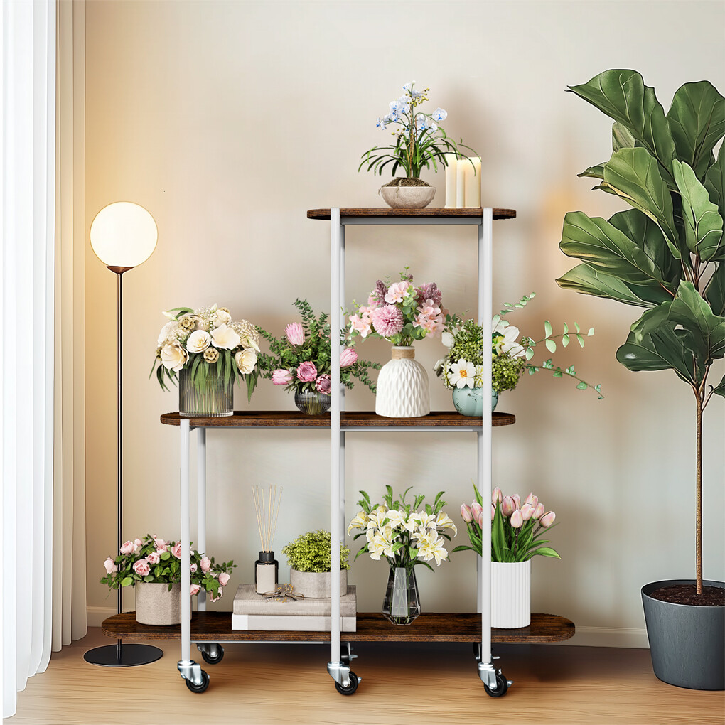 FIN Vintage Plant Holder 3 Tiers Storage Shelf Unit with Lockable Casters Garden - Image 7