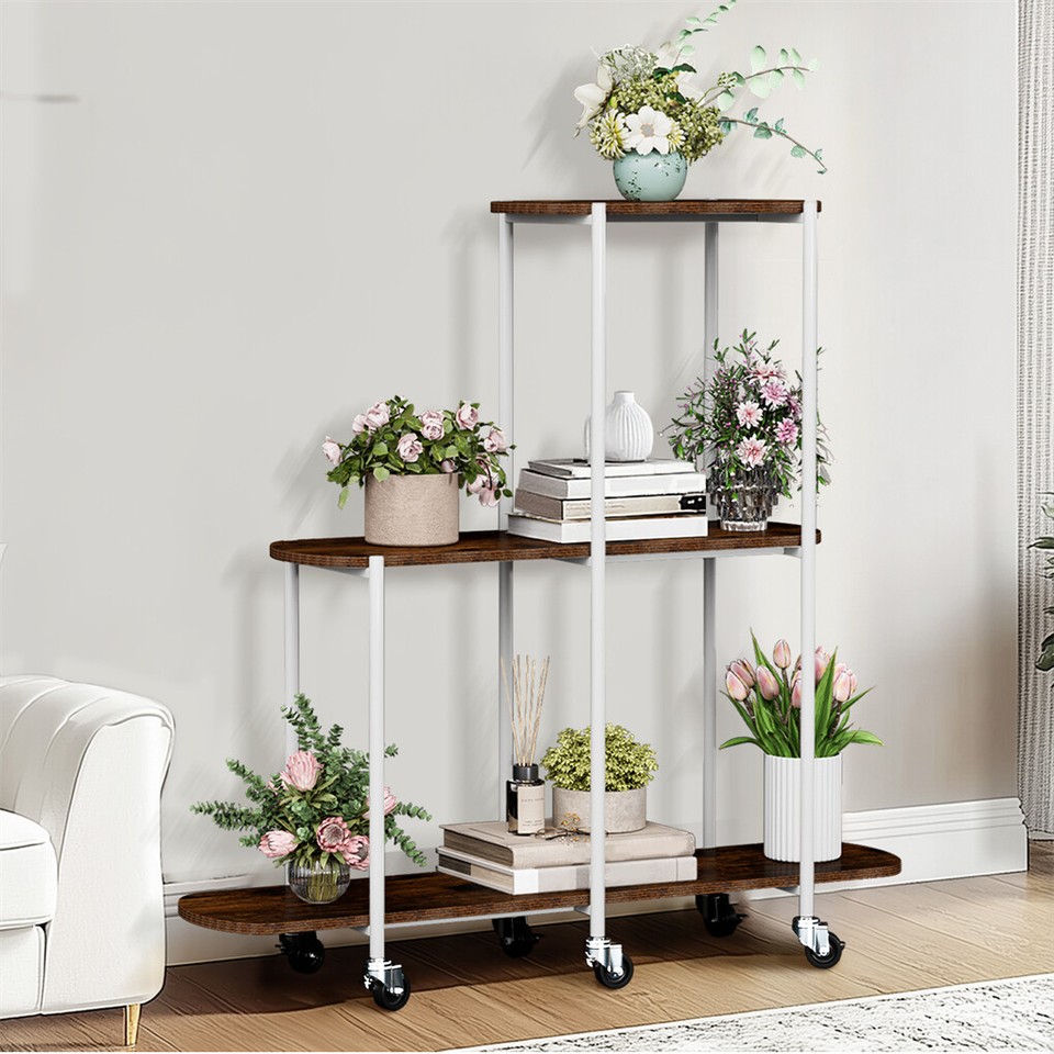 FIN Vintage Plant Holder 3 Tiers Storage Shelf Unit with Lockable Casters Garden - Image 8