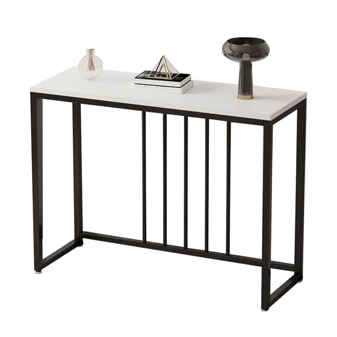80cm White & Grey Sintered Stone Console Table Storage Table Behind Sofa W/ Black Metal Frame - Image 1