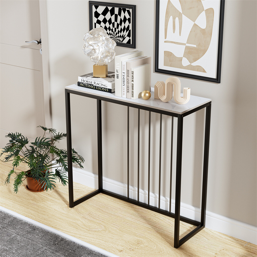 80cm White & Grey Sintered Stone Console Table Storage Table Behind Sofa W/ Black Metal Frame - Image 7