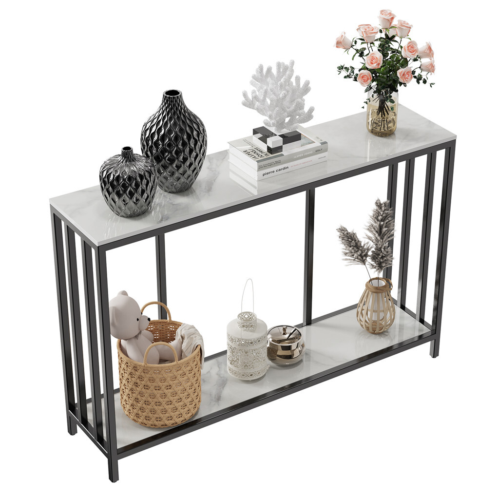 2-Tier White Marble Entryway Console Table Extra Long Foyer Couch Table - Image 1