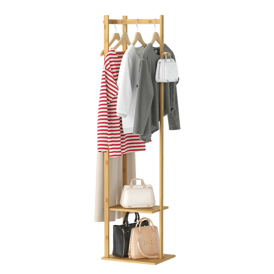 Bamboo Coat Stand Clothes Rack with Garment Shelf, Hanging Rail and Hooks - Image 2