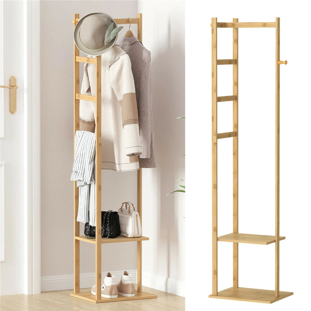 Bamboo Coat Stand Clothes Rack with Garment Shelf, Hanging Rail and Hooks - Image 3