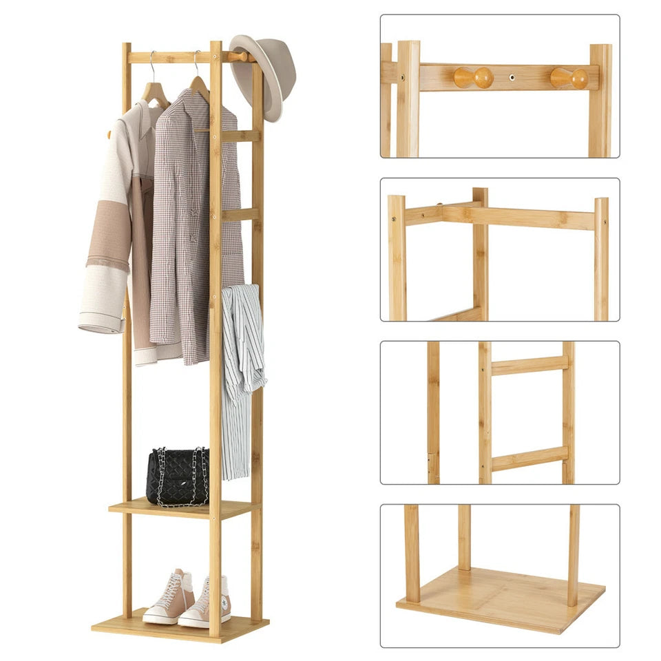Bamboo Coat Stand Clothes Rack with Garment Shelf, Hanging Rail and Hooks - Image 4