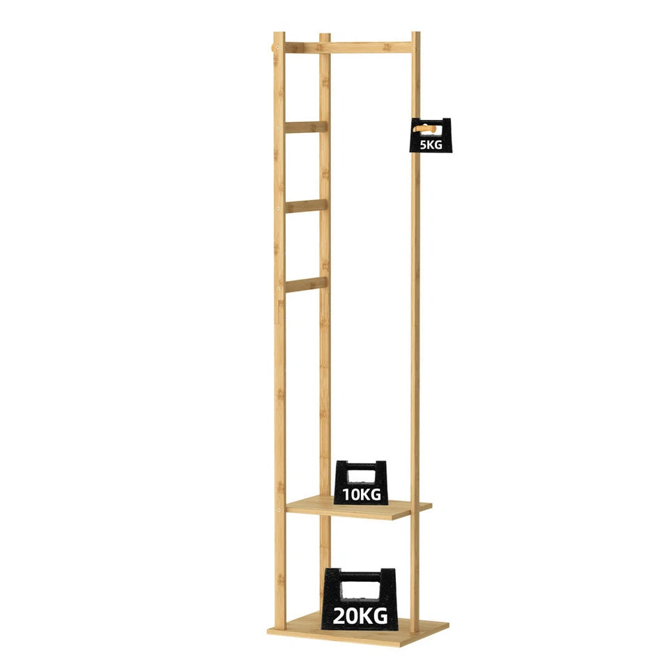 Bamboo Coat Stand Clothes Rack with Garment Shelf, Hanging Rail and Hooks - Image 5