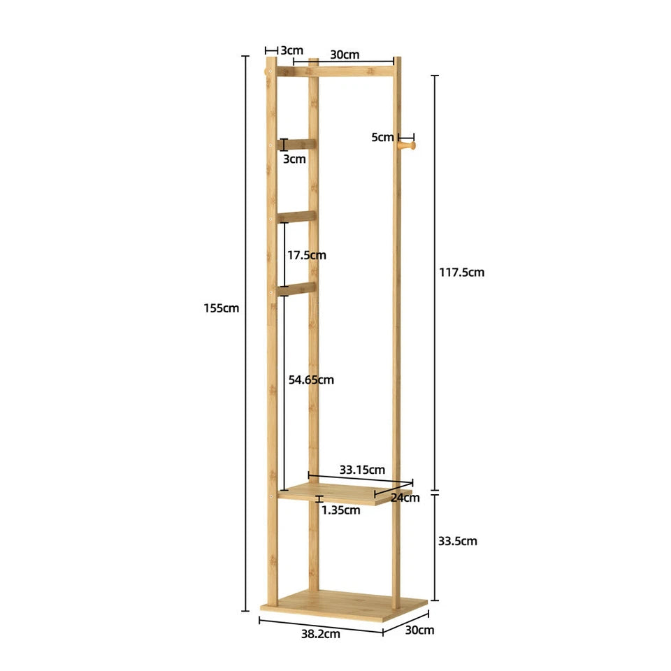 Bamboo Coat Stand Clothes Rack with Garment Shelf, Hanging Rail and Hooks - Image 6