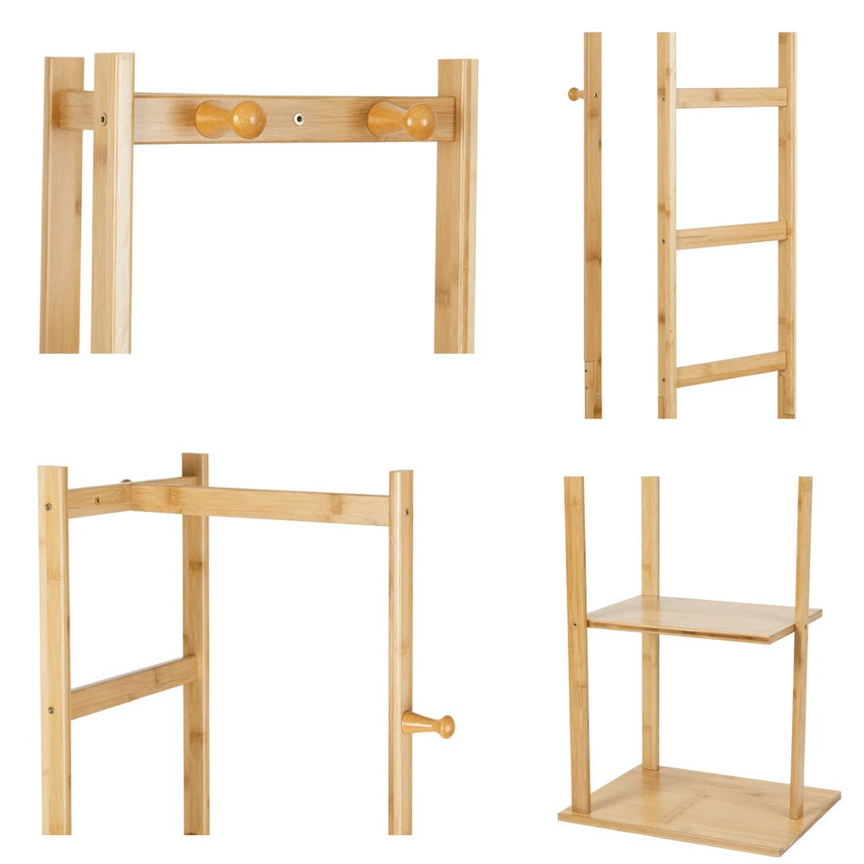 Bamboo Coat Stand Clothes Rack with Garment Shelf, Hanging Rail and Hooks - Image 7
