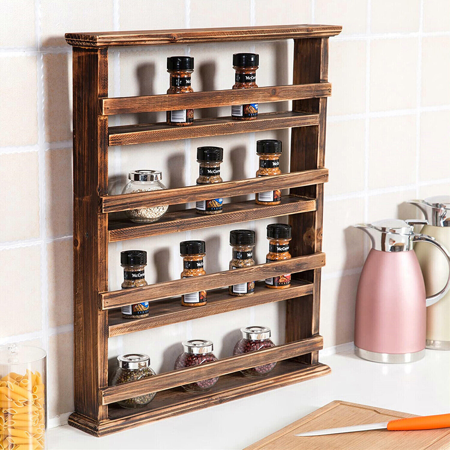 4 Tiers Rustic Wood Spice Rack Organizer Wall Mounted Kitchen Shelves Space Save - Image 2