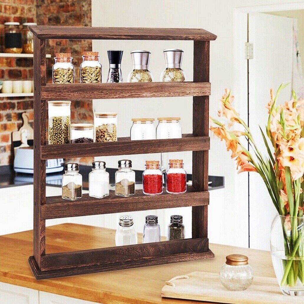 4 Tiers Rustic Wood Spice Rack Organizer Wall Mounted Kitchen Shelves Space Save - Image 3