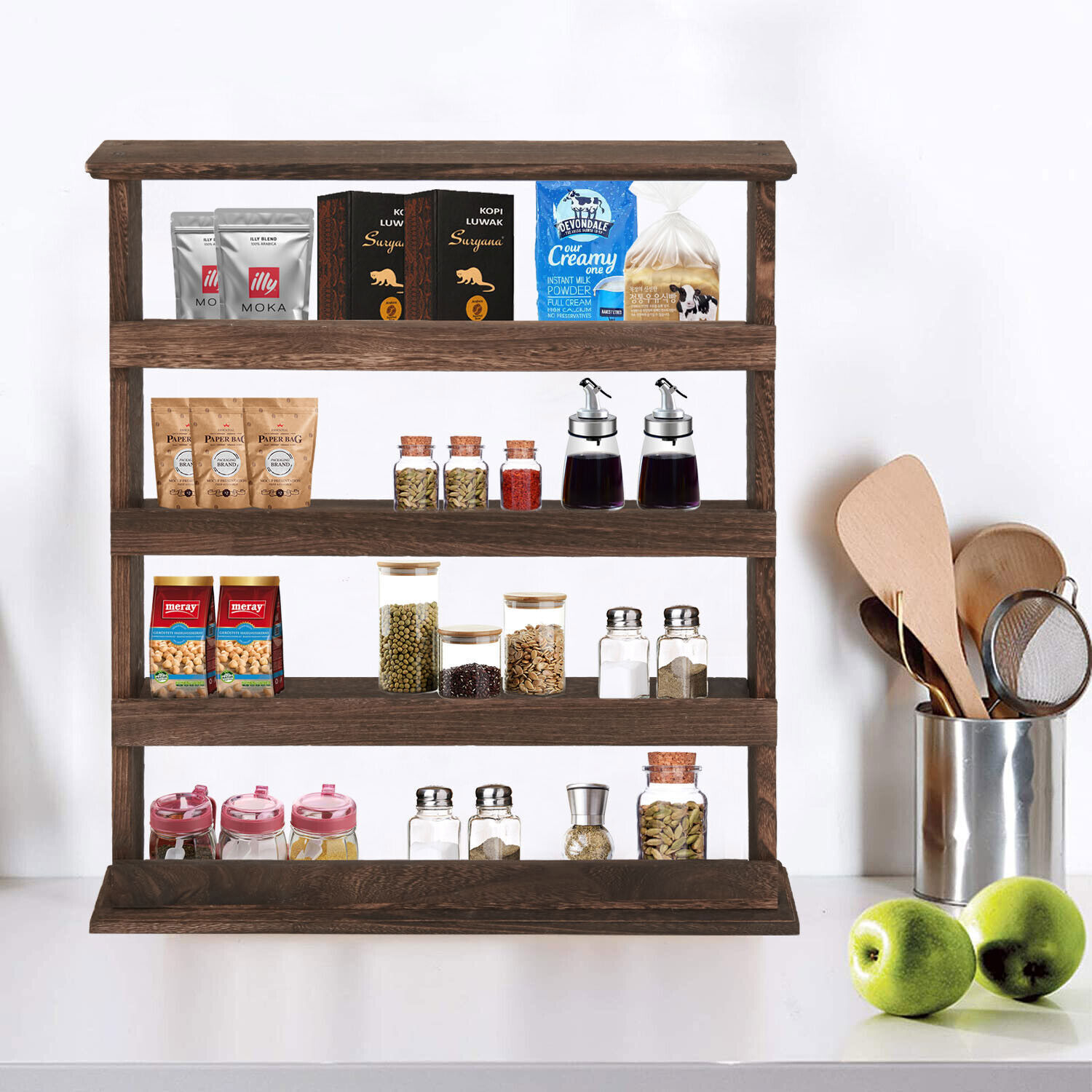 4 Tiers Rustic Wood Spice Rack Organizer Wall Mounted Kitchen Shelves Space Save - Image 4