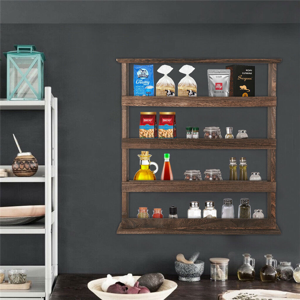4 Tiers Rustic Wood Spice Rack Organizer Wall Mounted Kitchen Shelves Space Save - Image 5