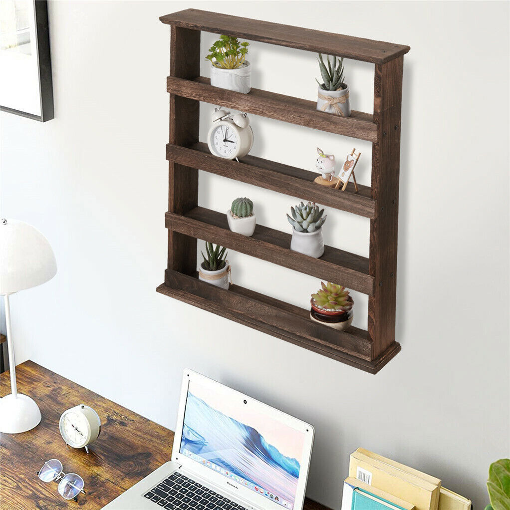4 Tiers Rustic Wood Spice Rack Organizer Wall Mounted Kitchen Shelves Space Save - Image 6