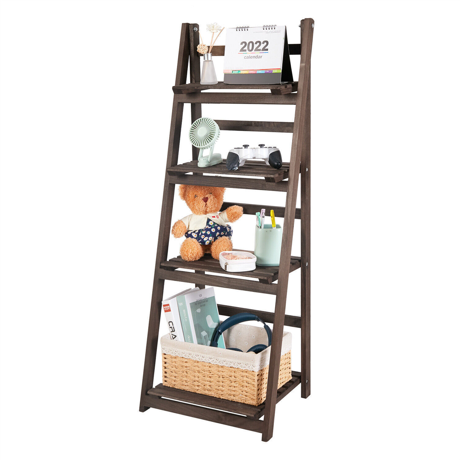 Retro 4 Tier Wooden Ladder Bookcase Folding Book Shelf Plant Stand Storage Rack - Image 1