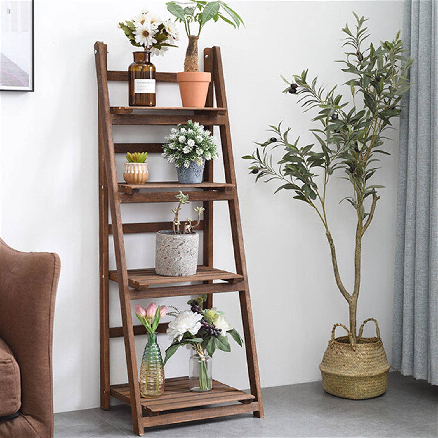 Retro 4 Tier Wooden Ladder Bookcase Folding Book Shelf Plant Stand Storage Rack - Image 4