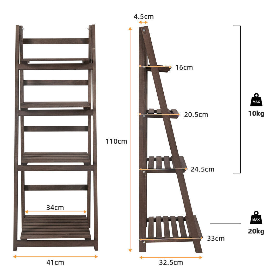 Retro 4 Tier Wooden Ladder Bookcase Folding Book Shelf Plant Stand Storage Rack - Image 5