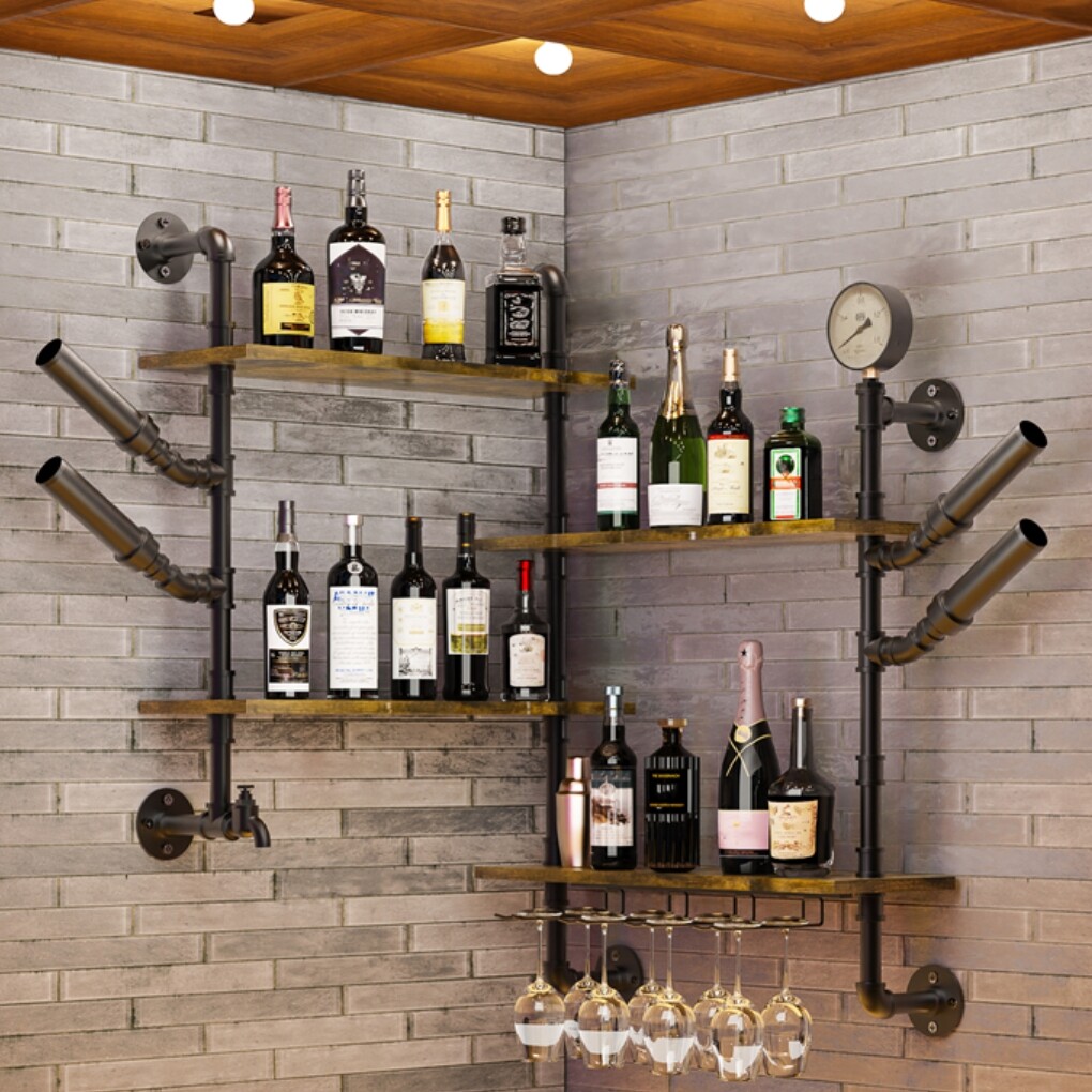 Industrial Pipe Bar Wall Liquor Shelf Floating Shelves with Wine Glass Holder - Image 1
