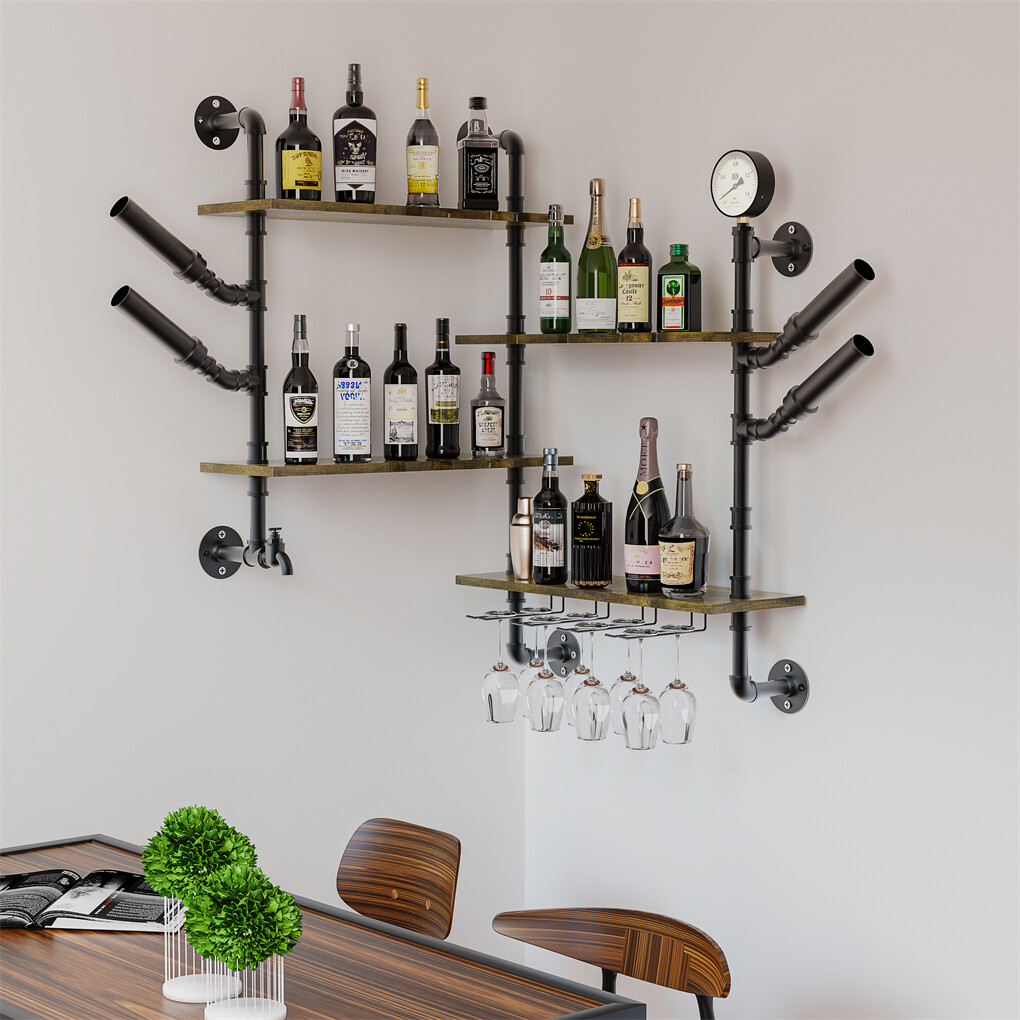 Industrial Pipe Bar Wall Liquor Shelf Floating Shelves with Wine Glass Holder - Image 3