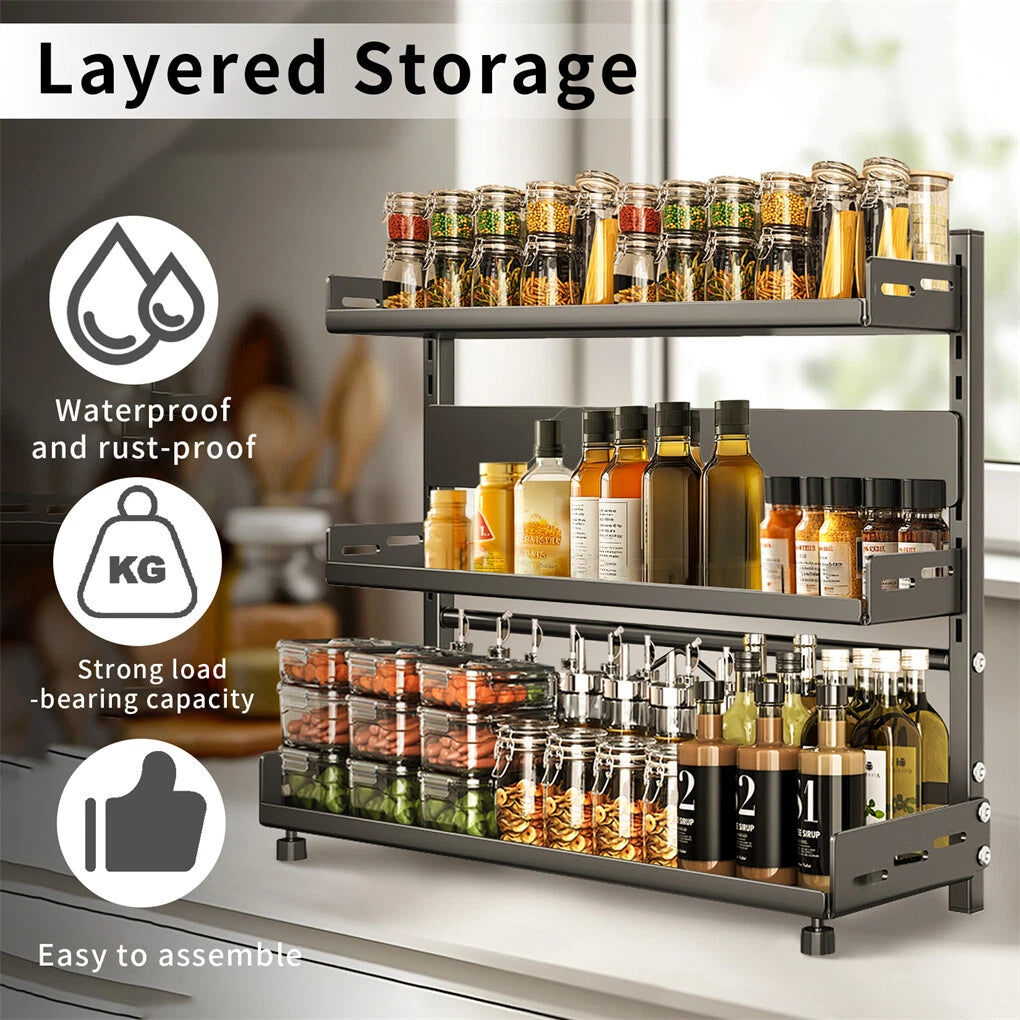 3-Tier Large Kitchen Spice Rack Anti-Rust Organizer Shelf, Height Adjustable Storage Rack AU - Image 3