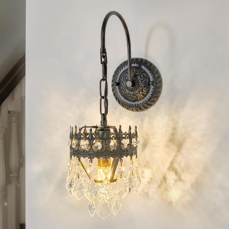 Vintage Wall Light Sconce with Clear Crystals, Black and Gold Glass Wall Lamp, 3-Mode Dimmable LED E14 Lighting Fixture for Home, Bathroom, Dining Room, Hallway - Image 2