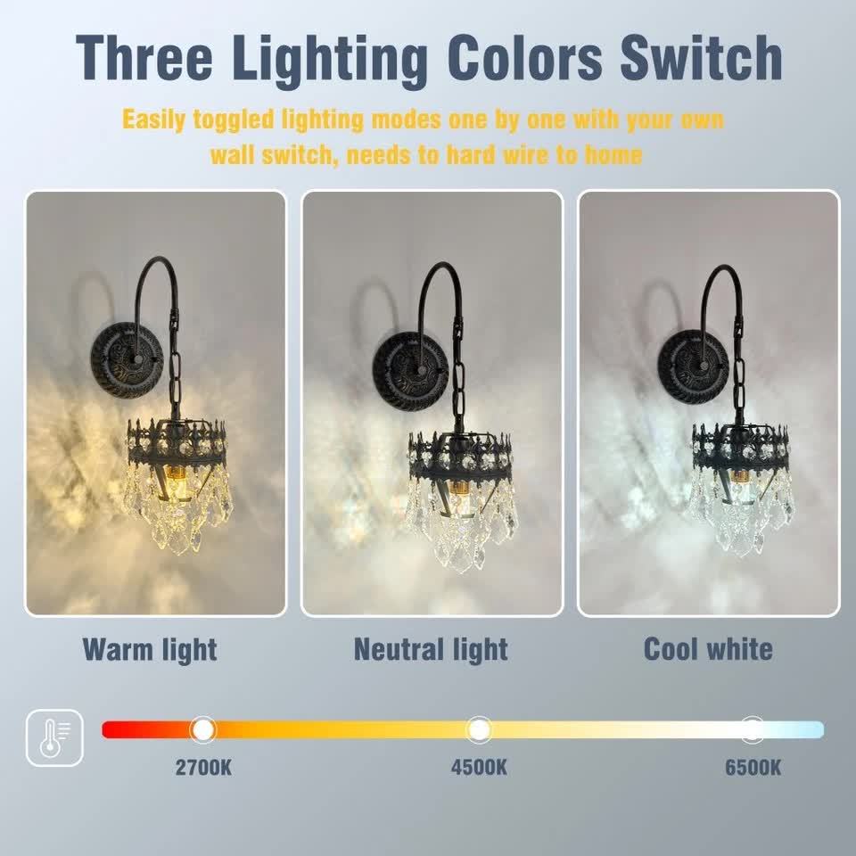 Vintage Wall Light Sconce with Clear Crystals, Black and Gold Glass Wall Lamp, 3-Mode Dimmable LED E14 Lighting Fixture for Home, Bathroom, Dining Room, Hallway - Image 3