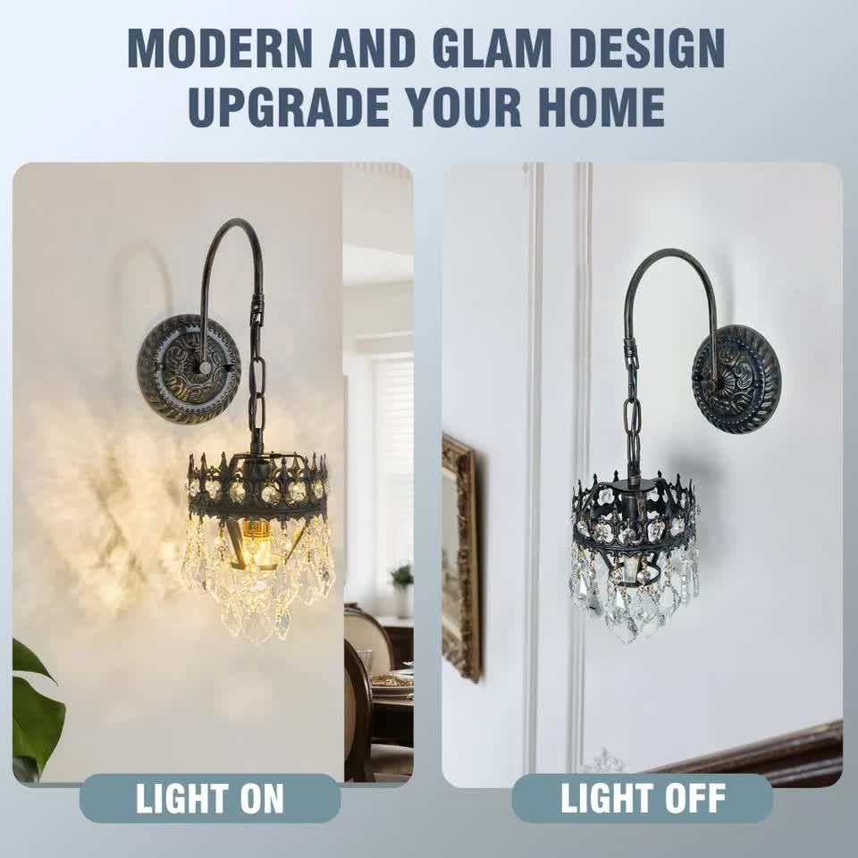 Vintage Wall Light Sconce with Clear Crystals, Black and Gold Glass Wall Lamp, 3-Mode Dimmable LED E14 Lighting Fixture for Home, Bathroom, Dining Room, Hallway - Image 4