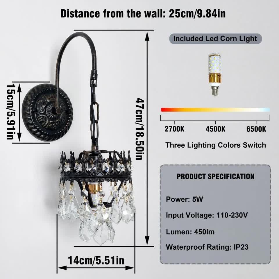 Vintage Wall Light Sconce with Clear Crystals, Black and Gold Glass Wall Lamp, 3-Mode Dimmable LED E14 Lighting Fixture for Home, Bathroom, Dining Room, Hallway - Image 5