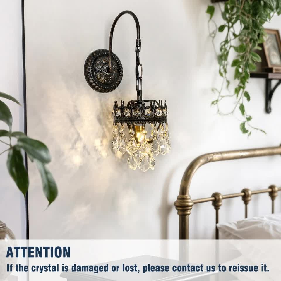 Vintage Wall Light Sconce with Clear Crystals, Black and Gold Glass Wall Lamp, 3-Mode Dimmable LED E14 Lighting Fixture for Home, Bathroom, Dining Room, Hallway - Image 8