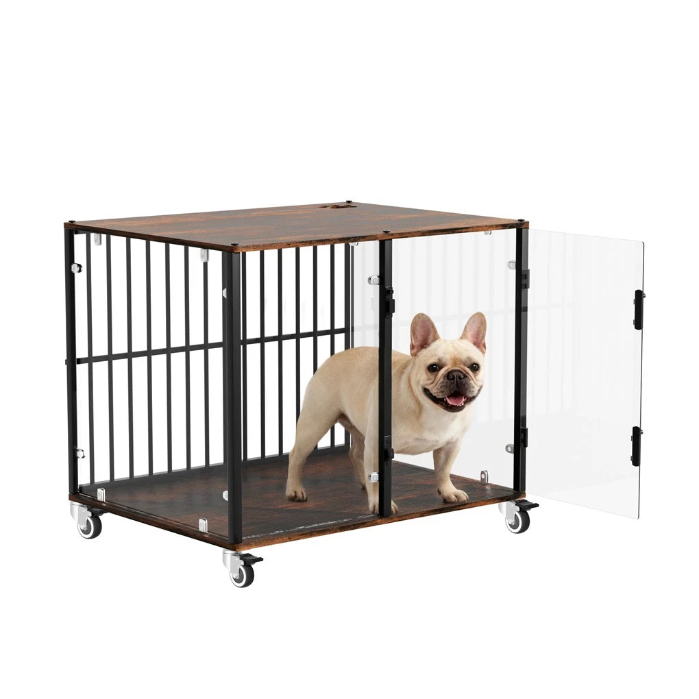 Anti-Bite Glass Indoor Dog Cage - Modern Furniture Style Dog Kennel End Table with Lockable Wheels and Double Doors - Image 1