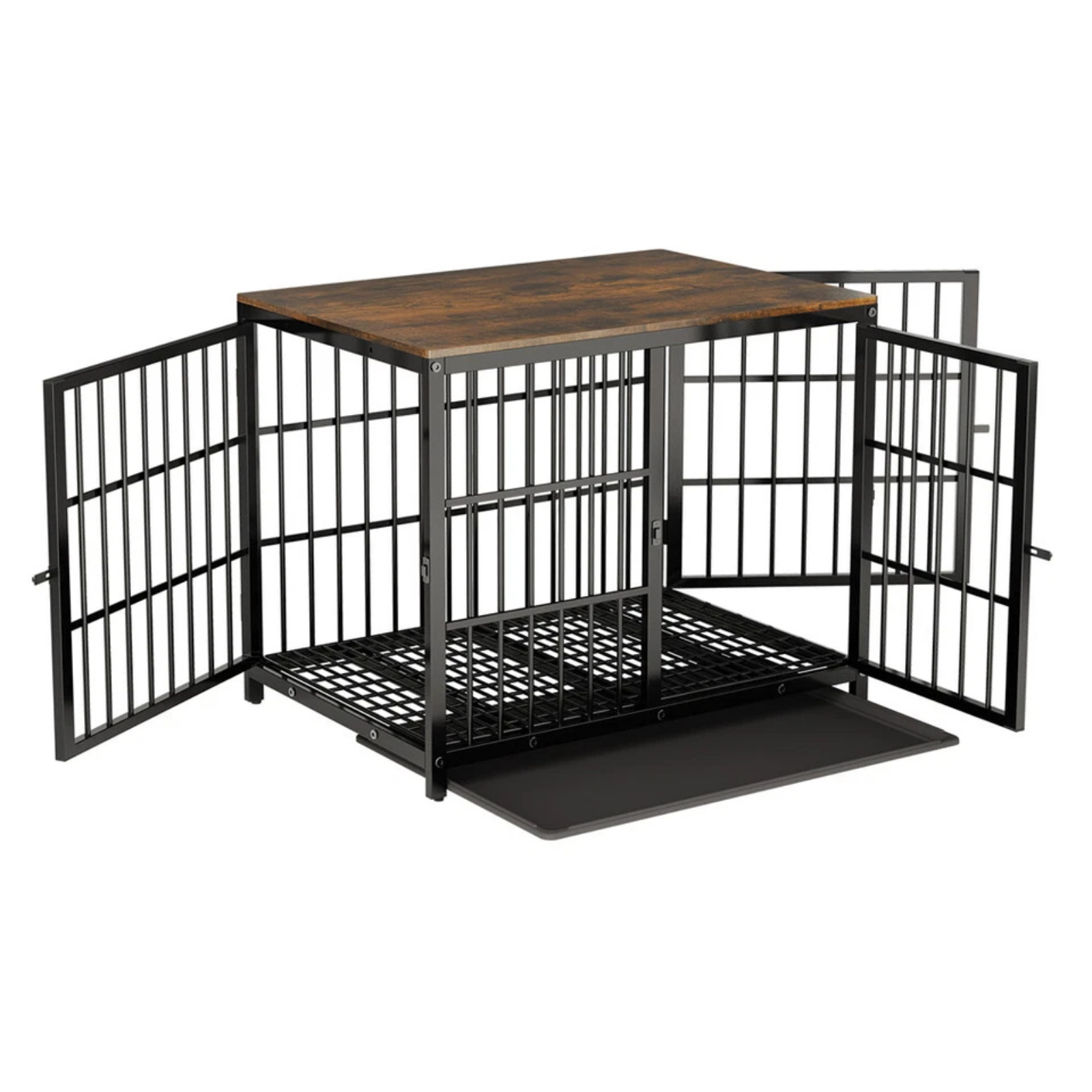 P&P Black Walnut XL Dog Crate with Wooden Furniture Style, 3-Door Entry and Slide Out Tray - Image 1