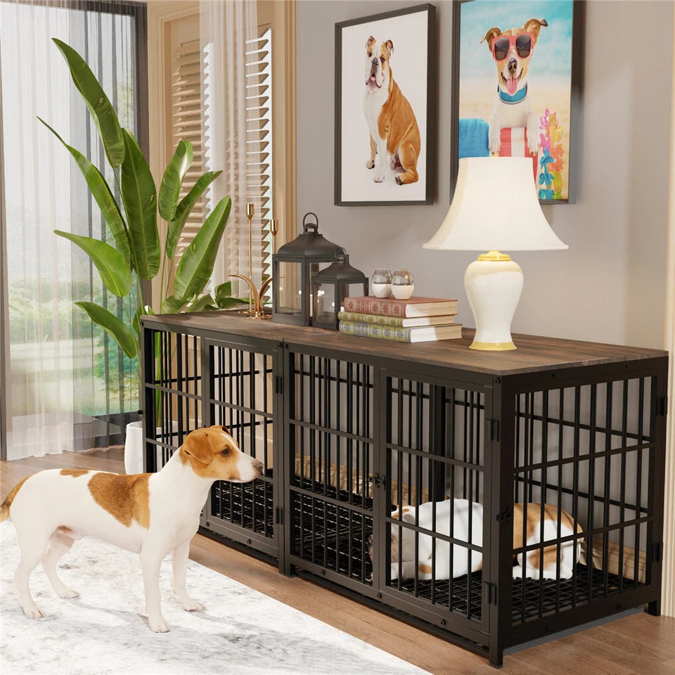 P&P Black Walnut XL Dog Crate with Wooden Furniture Style, 3-Door Entry and Slide Out Tray - Image 2