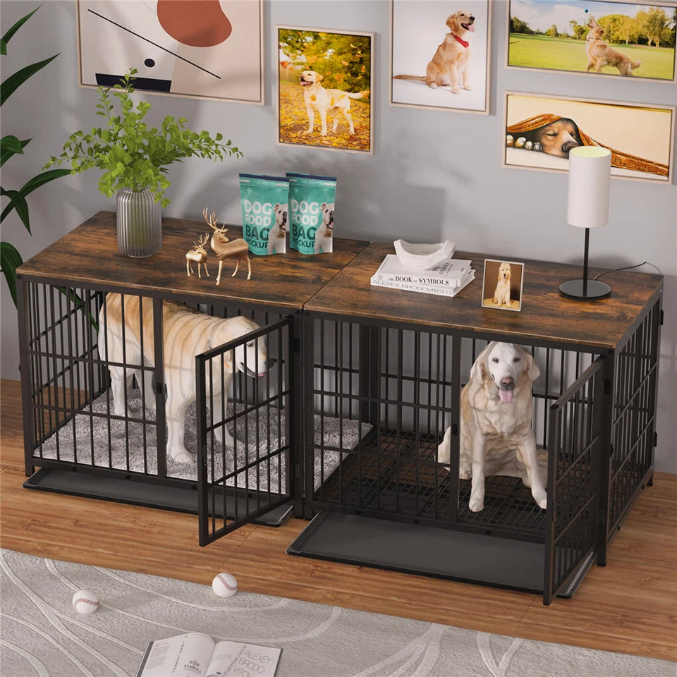 P&P Black Walnut XL Dog Crate with Wooden Furniture Style, 3-Door Entry and Slide Out Tray - Image 3