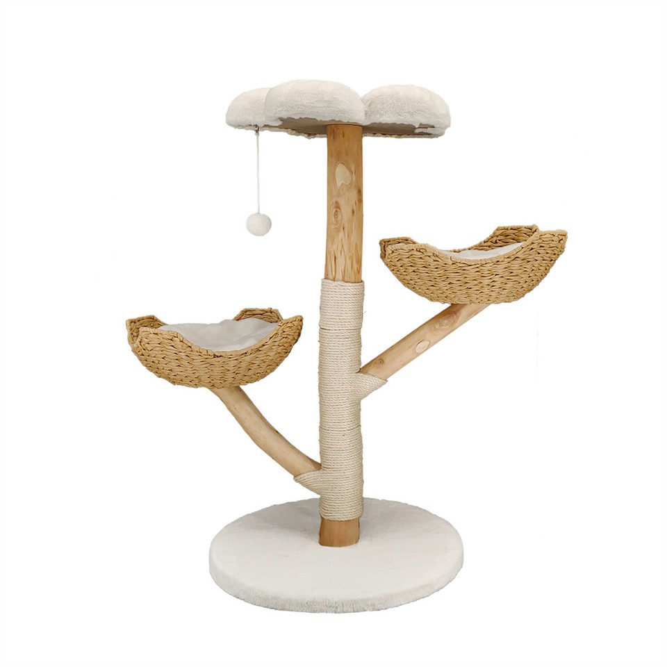 Solid Wood Cat Tree with 3 Branches & Baskets - Image 1